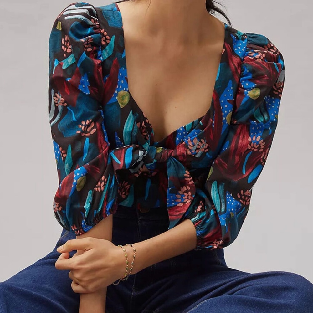 Anthropologie Eva Franco Tropical Sweetheart Blue‎ & Red Blouse Size 8